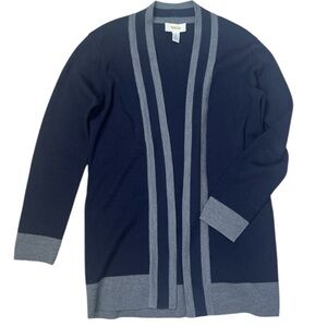 Talbots Merino Wool Open Cardigan Sweater Womens Small Petite Navy Grey Nautical